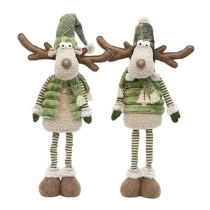 Nordic plush Christmas reindeer figurines in green and brown with telescopic legs