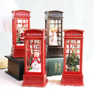 Christmas lanterns in telephone booth design with festive scenes and glowing light