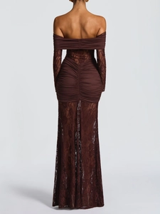 Deep brown off-shoulder lace maxi dress with elegant back ruching and slim-fit silhouette