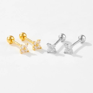 S925 sterling silver four-leaf clover stud earrings with cubic zirconia in gold and silver
