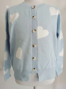 Detail of light blue knit cardigan with white heart patterns and tortoise shell buttons
