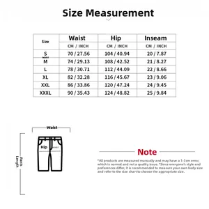 Men waffle knit tracksuit shorts size chart with waist and hip measurements in cm and inches