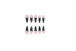 Faux ongles stiletto longs avec pointes noires à la française et motifs géométriques