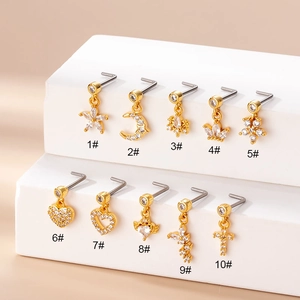 Nose Stud Stainless Steel L Shaped Zircon Heart Cross Flower Pendant Piercing Jewelry For Women Fashion Aesthetic