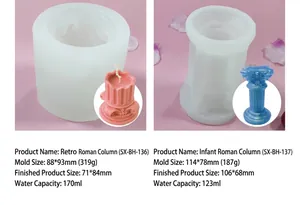 Detalle de molde de silicona de columna romana para velas con dimensiones y ejemplos de muestra