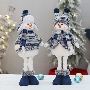 Blue fabric telescopic Christmas snowman figurines with plush hats and winter scarves