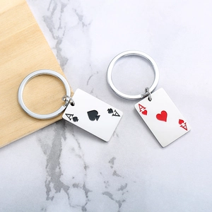 Playing Card Ace Of Spades Hearts Keychain Stainless Steel Metal Poker Card Keyring For Couples Bag Pendant Ornament