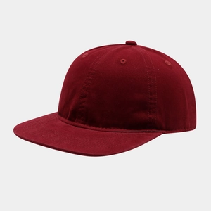 Detail view of burgundy washed cotton baseball cap with flat brim and six-panel stitching
