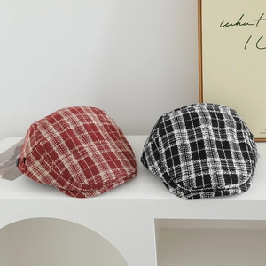 Classic houndstooth wool beret hats for kids in red and black grid patterns