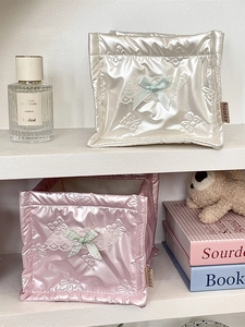 Quilted butterfly PU storage boxes with lace ribbon bows in pink and white colors