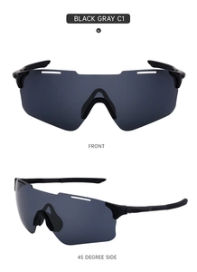Front and side views of black cycling sunglasses with UV protection and windproof design