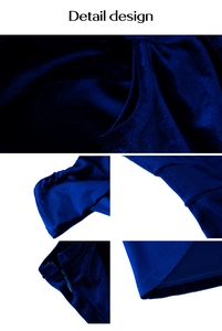 Detailed views of the navy blue velvet dress showcasing fabric texture and hidden zipper