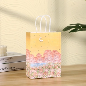 Artistic oil painting style kraft paper gift bag with floral texture and white rope handles