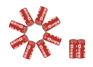 Close-up of 10 red biodegradable pet waste bag rolls for dogs in bulk packaging
