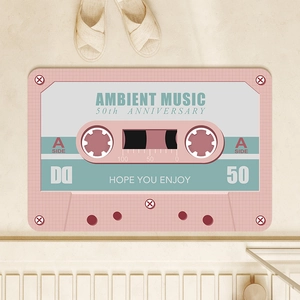 Retro cassette tape printed bathroom rug with non-slip absorbent pink velvet texture