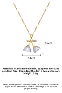 Detailed view of lily of the valley pendant with gold chain and dimensions labels