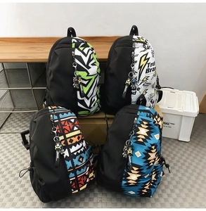 Detail view of four large-capacity student backpacks with varied creative pattern designs