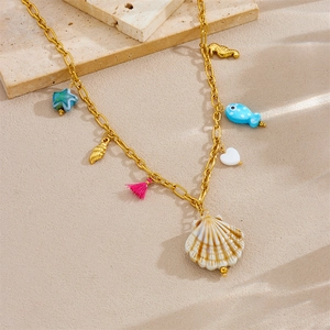 Gold stainless steel ocean necklace with shell, starfish, seahorse and fish charms
