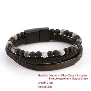 Men's multilayer black leather braided bracelet with natural stones and steel clasp