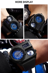 Detail of Oulm sports watch with blue textured dial and dual time zone digital display