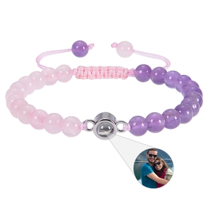 Natural Stone Bead Braided Bracelet With Photo Projection Pendant Memorial Gift For Women Men Adjustable Rope