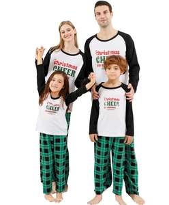 Family matching Christmas pajamas set with green plaid pants and raglan sleeves tops