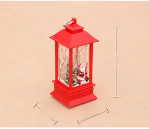 Detail view of red LED Christmas lantern featuring Santa patterns and size dimensions