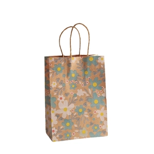 Vintage kraft paper gift bag with floral patterns and sturdy twisted paper handles