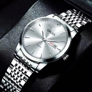 Silver ORUSS men's quartz business watch with stainless steel strap and dual calendar
