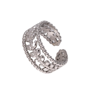 Silver hollow leaf stainless steel open ring with adjustable minimalist plant design