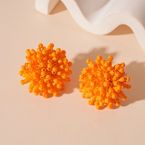 Vibrant Orange Flower Beaded Stud Earrings With Silver Earring Post Alloy 3D Fashion Jewelry For Women