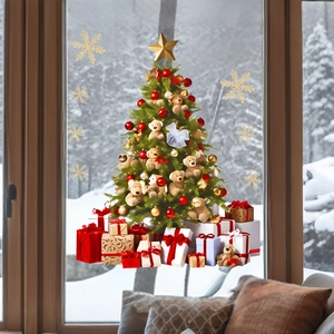 Weihnachtsbaum-Fensteraufkleber mit Geschenkkartons und goldenen Schneeflocken für Deko