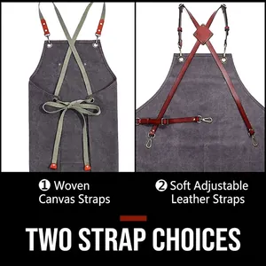 Canvas work apron with adjustable cross-back cotton and leather straps in dark grey