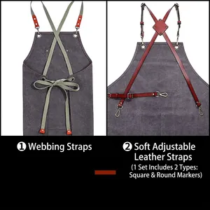 Canvas work apron with adjustable cross-back cotton and leather straps in dark grey