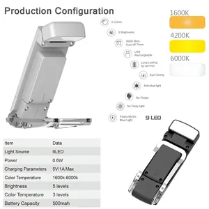 Portable 9LED clip-on book light with 3 color modes and 5 brightness levels for reading
