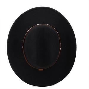 Detail of black wool fedora featuring a brown leather band with silver metal studs