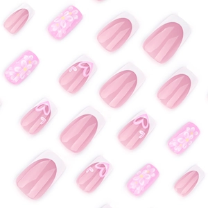 French tip press-on nails with white heart and floral patterns in short square shape