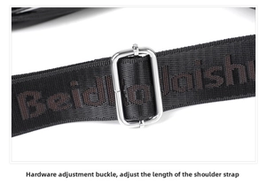 Detail of adjustable nylon shoulder strap with metal buckle for business briefcase
