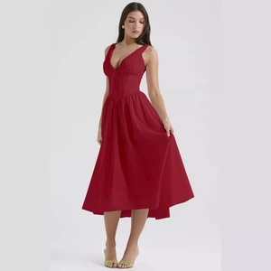 Elegant burgundy V-neck midi dress with slim fit corset waist and flowy pleated skirt