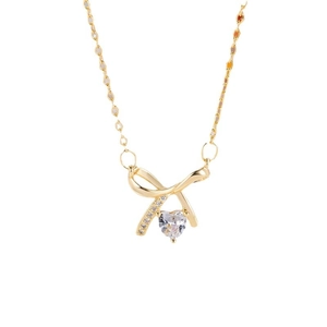 Elegant gold bow necklace with sparkling heart-shaped zircon pendant for women