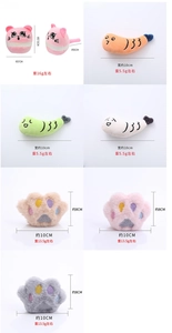 Catnip plush toys collection featuring fish, mouse and paw shapes with dimensions