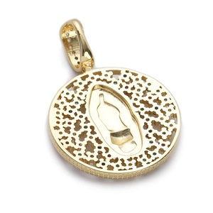Detail of 14K gold plated Virgin Mary pendant with colorful cubic zirconia stones