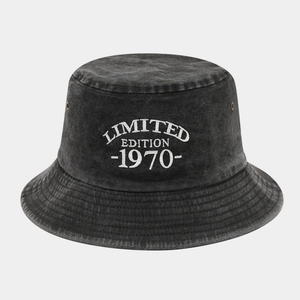 Detail showing white Limited Edition 1970 embroidery on charcoal washed cotton bucket hat
