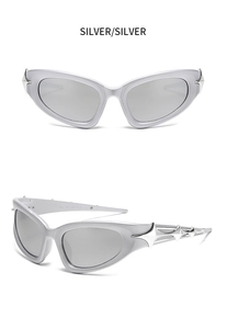 Detailed views of silver Y2K cyberpunk sunglasses with futuristic star accents