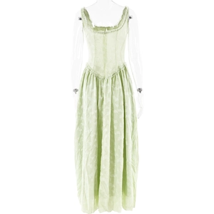 Detailed close-up of green vintage-style square neck maxi dress with lace jacquard texture