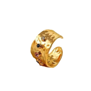 18k gold plated stainless steel C-shape open ring with colorful zircon stones and hammered texture