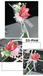 Detail of pink orchid wedding glass decoration with elegant organza ribbon and pearl beads