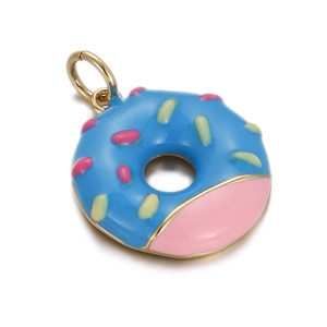 Macro detail of donut charm with blue and pink enamel finish and gold ring connector
