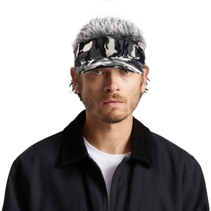 Men's camouflage baseball cap with silver grey synthetic hair wig for hip hop costume