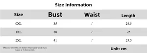 Detailed size chart for plus size slim fit crop top showing 0XL to 2XL measurements in cm